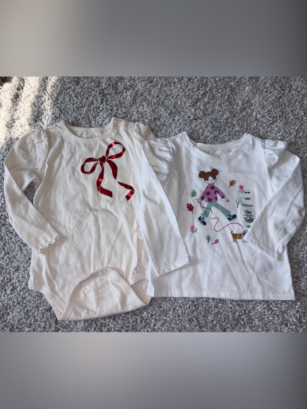 2-Pack White Long-Sleeve Baby/Toddler Tops with Red Bow and Playful Print